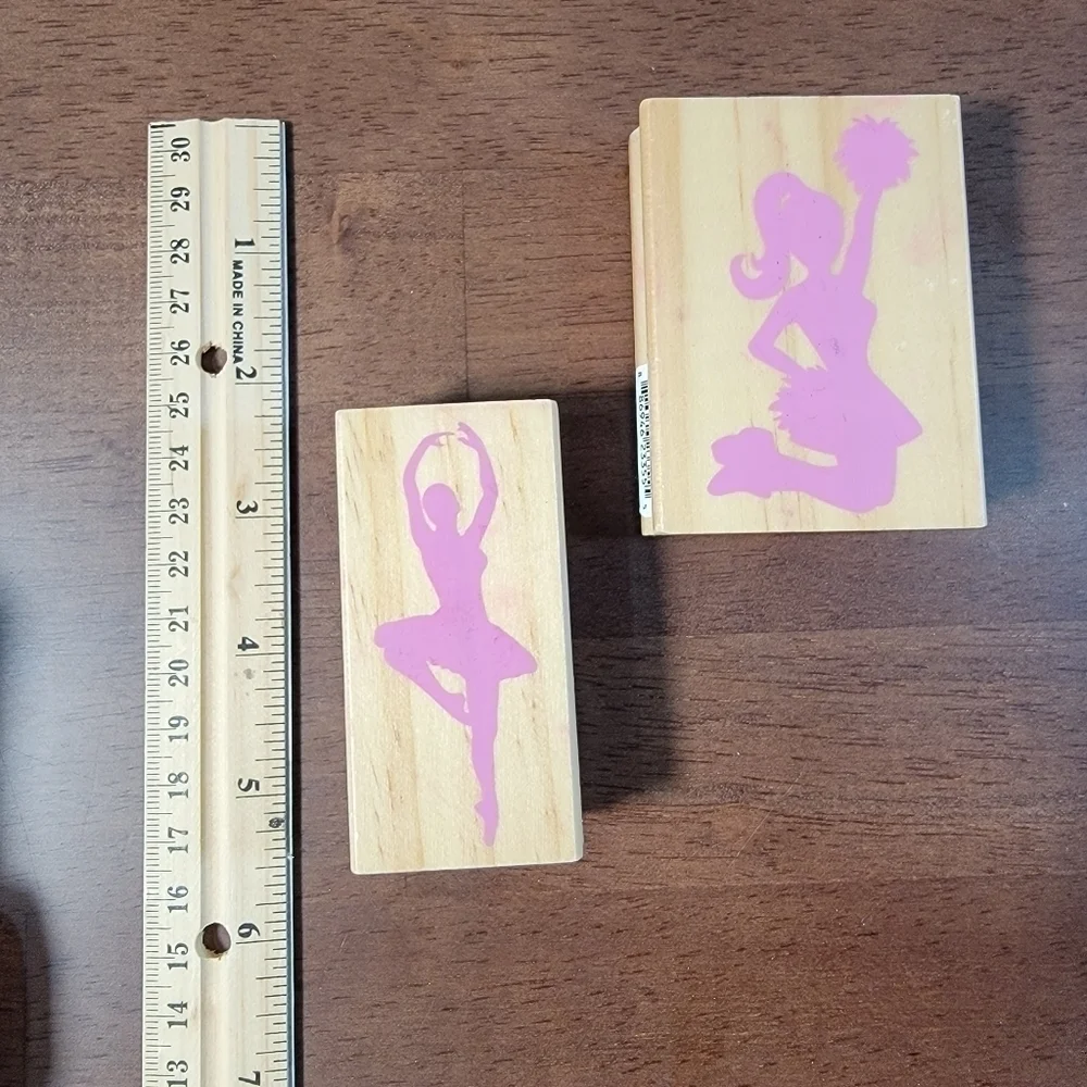Lot of 2 wooden block rubber stamps Cheerleader Ballerina
